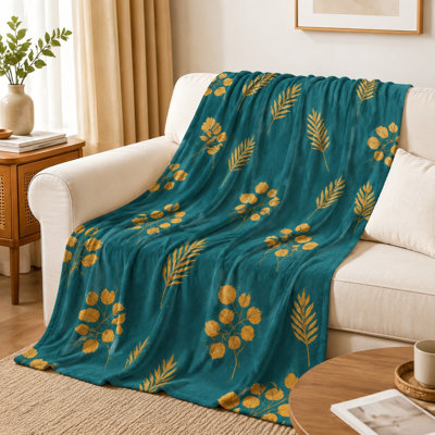 Cozy Flannel Fleece Throw Blanket - Teal Gold Botanical Print Pattern, Teal and Gold, Soft, Lightweight, Breathable, All‑Season, Skin‑Friendly, Machine Washable, Decorative, for Sofa, Couch, Living Room and Bedroom