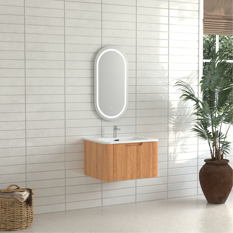 Meuble-lavabo flottant mural 24 po, lavabo en céramique blanche, finition noyer naturel, pré-assemblé, tiroir à fermeture en douceur, noyer compact, bords arrondis, Smart