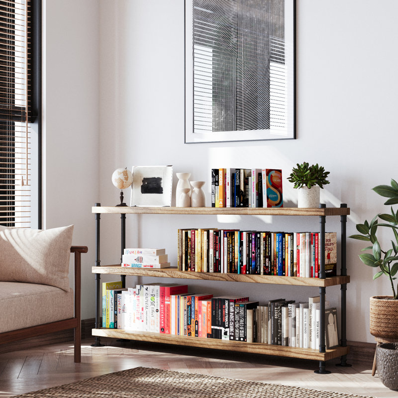 60 Inch Long Bookcase With Pipe Brackets, 11.25" Deep And 1.5" Thick Real Wood Shelves, Pipe Bookshelves For Home Organization, Industrial Shelving Unit, Farmhouse & Boho Decor, 3 Tier, Burnt