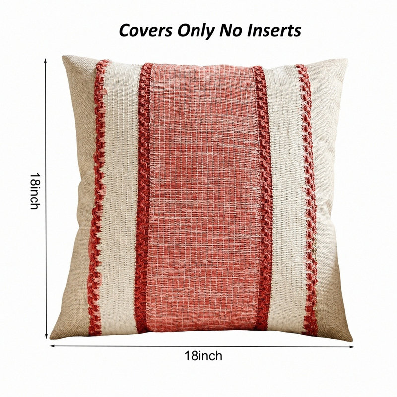 18 x 18 Inch Boho Striped Decorative Throw Pillow Covers, Red Striped