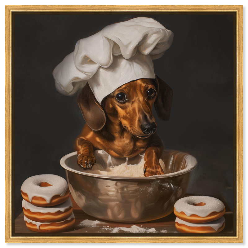 «Dachshund Sugar Donuts Canvas» par Art Remedy, Cadre flottant doré, H 25 po x l 25 po x P 1,8 po