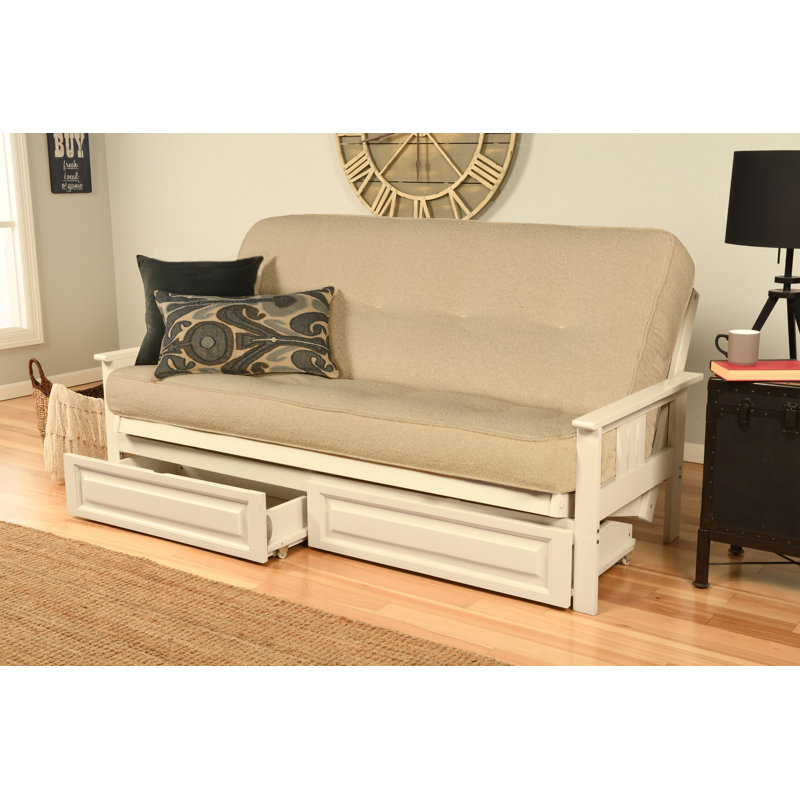Stratford Full-Size Futon Frame Includes Storage Drawers and Mattress, Antique White, Canton Cream, Innerspring