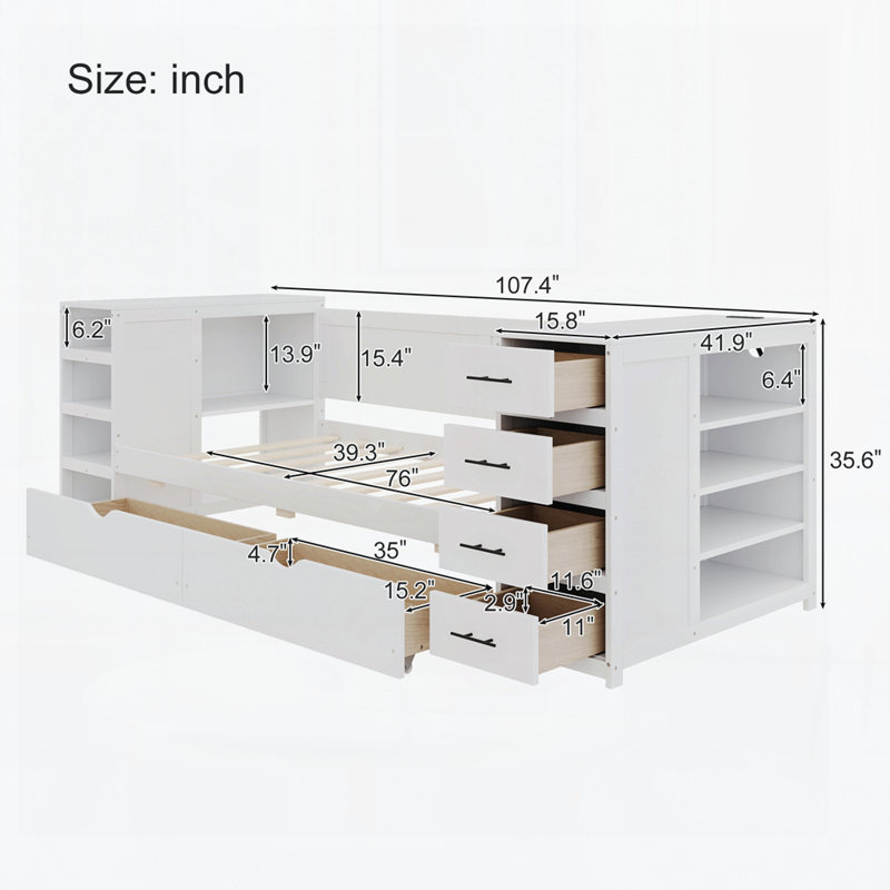 Wooden Daybed with Side Shelves and Drawers, Storage Bed with Multi-Functional Desk and Charging Station