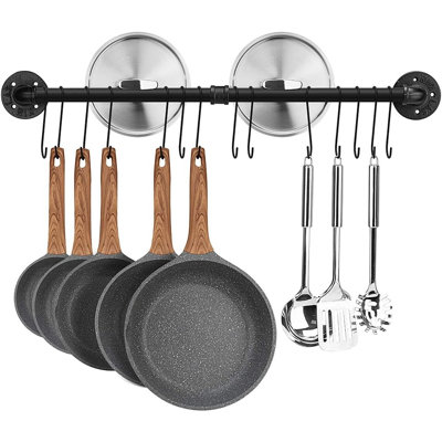 Wall Mounted Pot Rack, Detachable Hanging Organizer Rail With 14 Hooks For Pots, Pan Lids, Utensils And Kitchen Storage, Black
