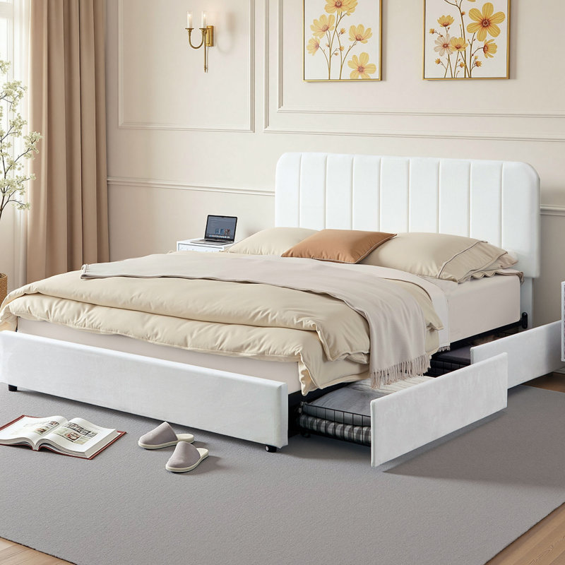 Huntsville 4-Drawer Velvet Upholstered Platform Bed, Full, White
