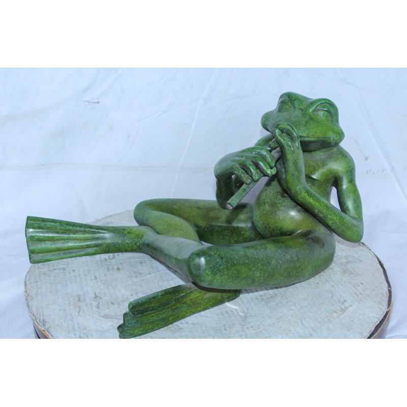 Statue de grenouille musicale jouant de la flûte en bronze avec patine verte de la collection Nifao 20 po x 18 po x H 12 po