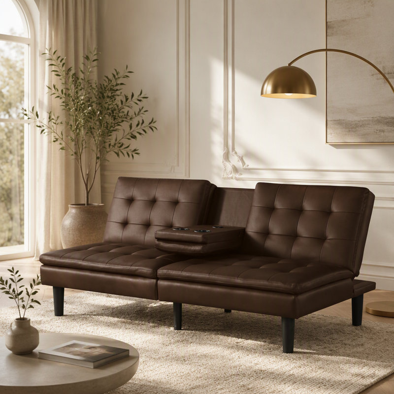 Canapé-lit futon contemporain avec capitonnage biscuit, table rabattable, porte-gobelets et chargeurs USB pour une assise et un sommeil flexibles