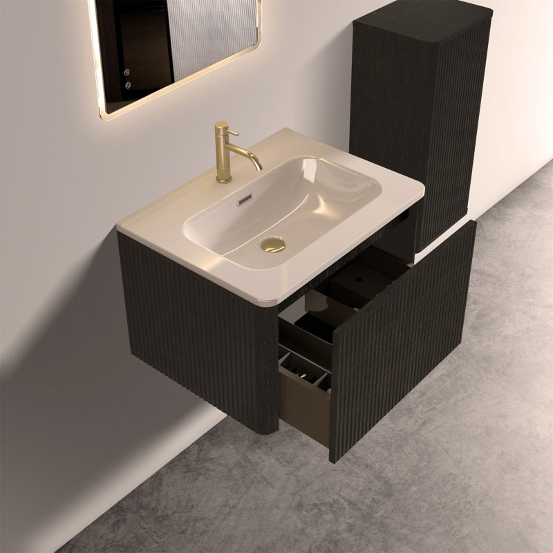 Meuble-lavabo rayé 24 po avec lavabo en céramique blanc, meuble-lavabo mural flottant pour salle de bain