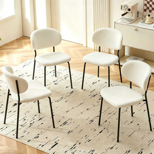 Round Dining Chairs Set of 4, Modern Mid Century Kitchen Side Chair with Curved Open Backrest, Comfy Boucle Dining Room Chairs Uholstered with Black Metal Legs for Apartment, Reception Room