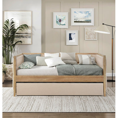 Lit de jour moderne 1pc avec lit gigogne escamotable beige Boucle touffeté chambre à coucher Mobilier de style transitionnel finition naturelle