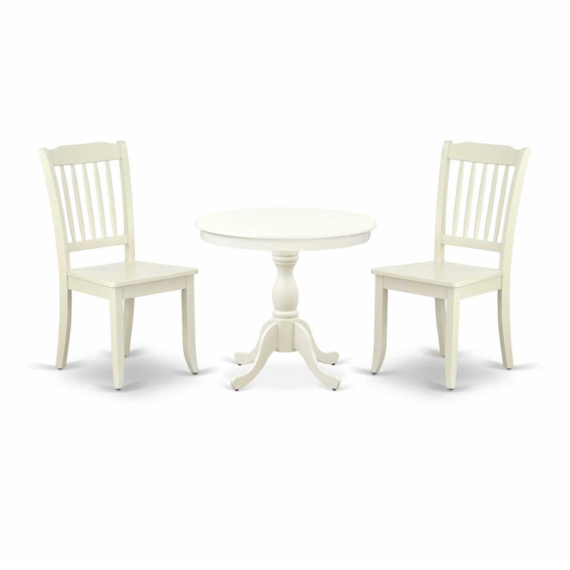 L'ensemble de salle à manger 3 pièces comprend 1 table de salle à manger moderne et 2 chaises en lin blanc Mid-Century avec dossier à lattes - finition lin blanc