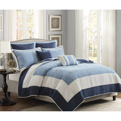 7 pièces courtepointe réversible double / grand avec taies décoratives assorties - bleu marine, bordure solide, matériau en microfibre pour l'euro et oreillers de conception traditionnelle, facile d'entretien