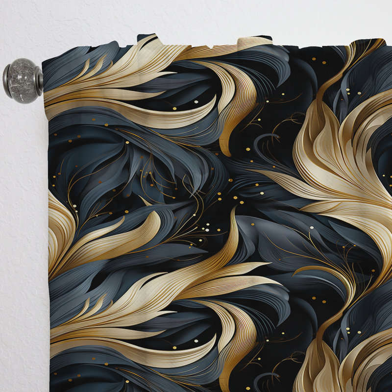Rideau obscurcissant à motif abstrait plumes minuit doré et noir Midnight Charm - 1 panneaux, L 52 po x L 84 po