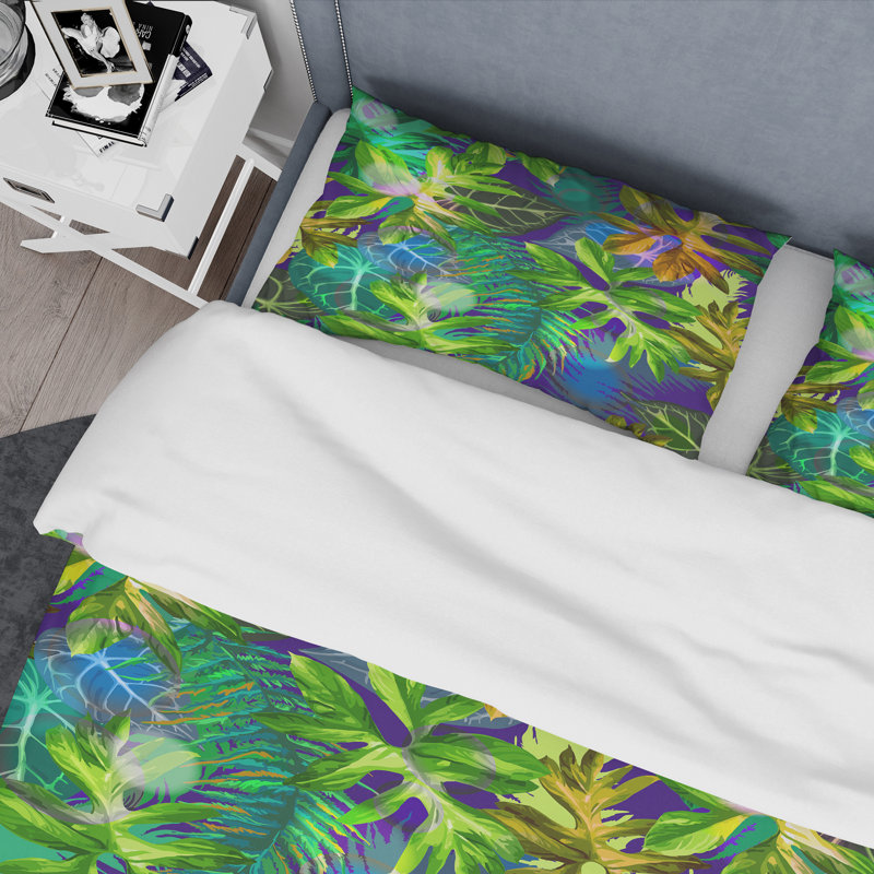 Feuilles tropicales vertes - ensemble de housse de couette floral - polyester microfibre