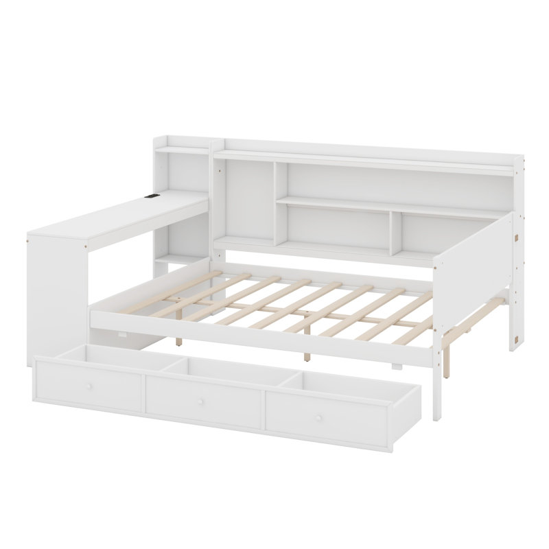 Lit de jour avec tiroirs, ports USB et bureau, Double, Blanc