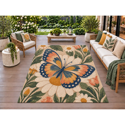 Tapis d'extérieur 152 x 213 cm (5' x 7') à motifs papillons et marguerites blanches, épais, imperméable, en PVC bouclé, résistant et à séchage rapide, idéal pour terrasse, balcon, entrée, VR ou autre espace de loisirs.