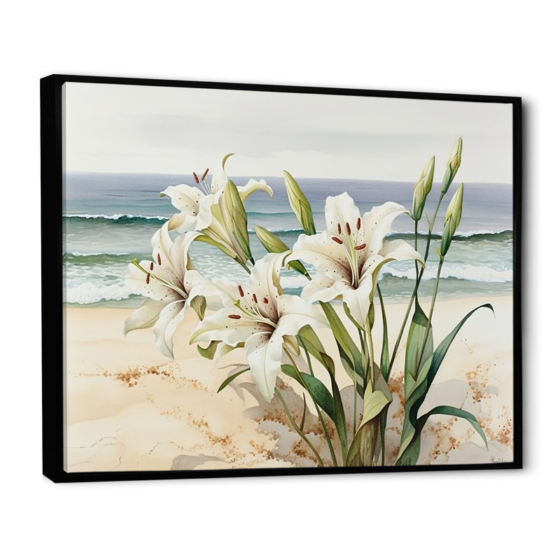 Glory Lilies on the Beach I - reproduction sur toile, Cadre flottant noir, H 12 po x l 20 po x P 1 po