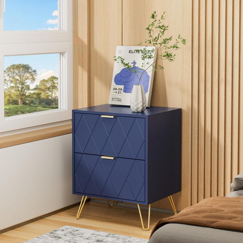 40 cm W Solid Wood Bedside Table, Navy Blue