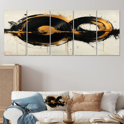 Abstract Circle In Black And Gold Tones I - Abstract Shapes Wall Art Set