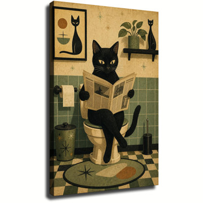 Mid Century Style Black Cat Sitting On Toilet Reading Newspaper, Retro Funny Bathroom Canvas Wall Art