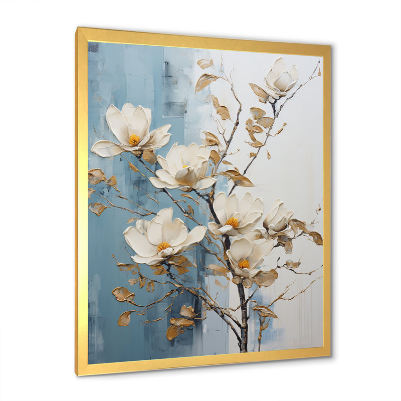 «White and Gold Magnolia Petal Serenity» sur impression sur toile, Cadre doré simple, H 40 po x l 30 po x P 1,5 po
