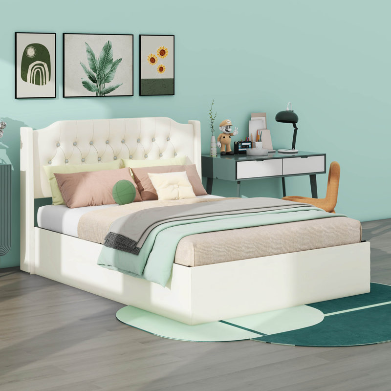 Grand lit plateforme avec tête de lit en cristal, Beige