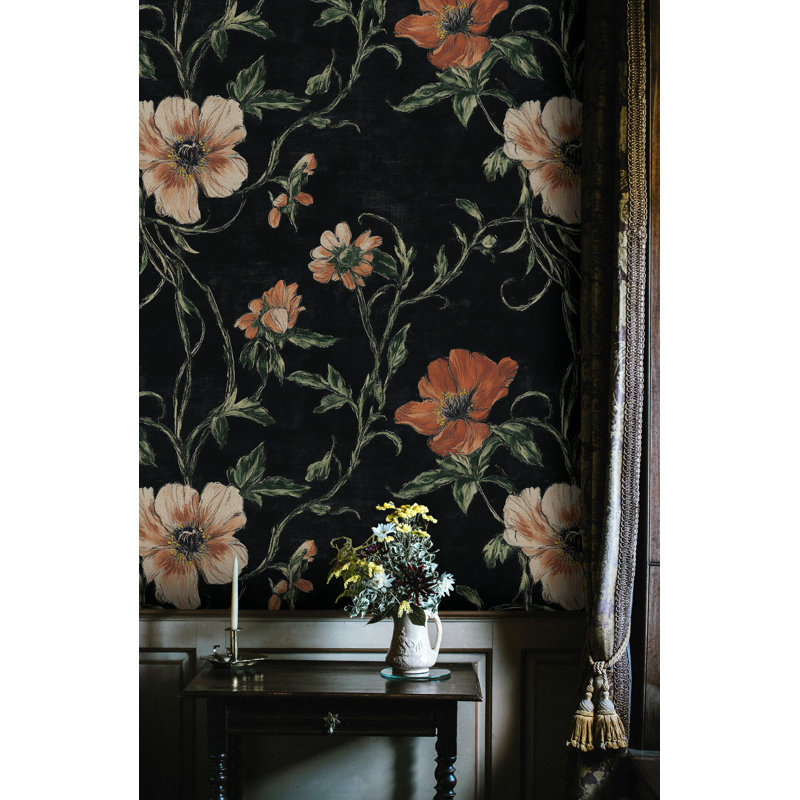 Papier peint floral noir avec motif de peler et coller