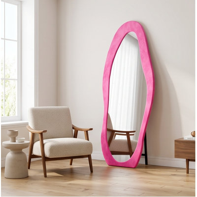 Rose Pink Irregular Wavy Full Length Mirror, 63" x 24" - Flannel-Wrapped Wooden Frame, Floor or Wall Mount