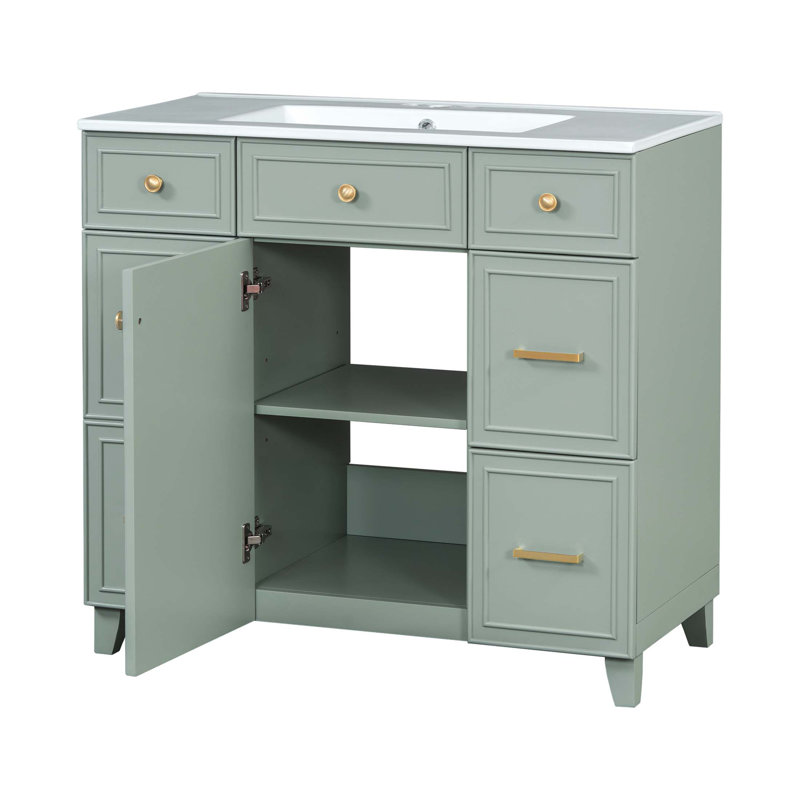 Meuble-lavabo vert de 36 pouces avec lavabo en céramique, structure en bois massif, portes à fermeture en douceur et beaucoup de rangement pour les salles de bain modernes