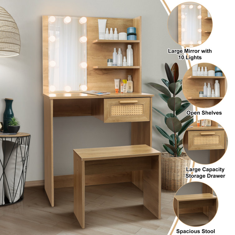 Makeup Vanity Table with Lighted Mirror, Vanity Desk with Storage Shelf and 4 Drawers, White Ebern Designs