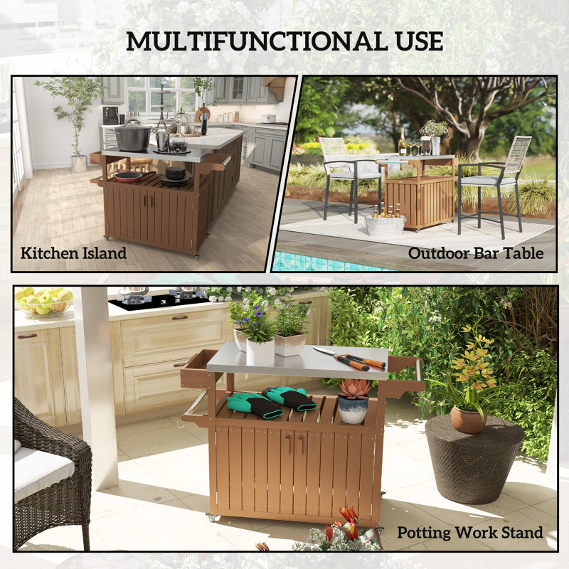 Outdoor Bar Cart with Storage Cabinet, Stainless Steel Top Kitchen Island on Wheels, HDPE Outdoor Bar Table, Movable Patio Beverage Food Prep Table for BBQ Picnic,wood