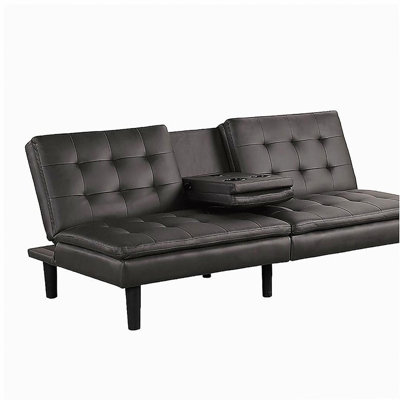 Futon Sofa Bed Contemporary Style Gray Finish Convert Into Bed Biscuit Tufting Seat And Back Seat Drop Down Table With Cup Holder USB Chargers