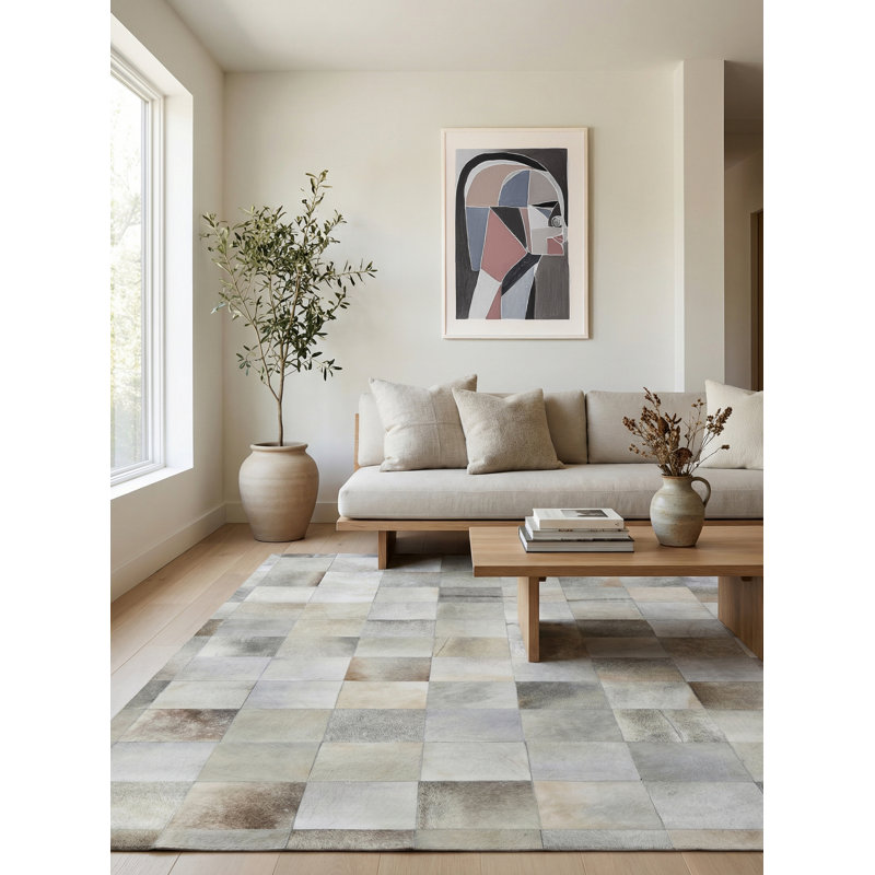 Natural Hide Cowhide Geometric Area Rug in Silver, Rectangle 11'6" x 14'6"