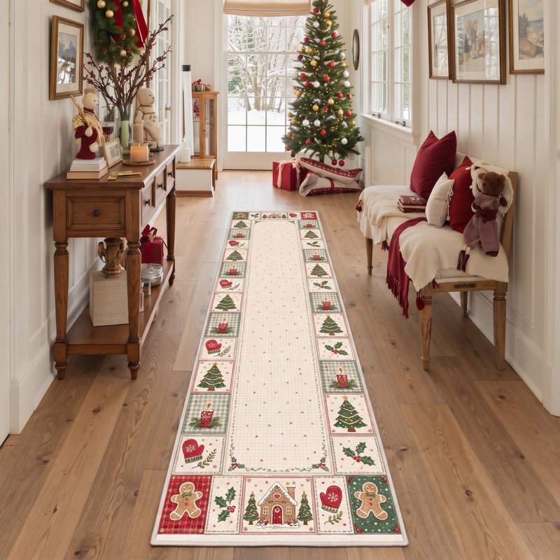 Tapis de Noël en patchwork ivoire/vert à poils ras, lavable, motif biscuits en pain d'épice et sapin, pour chambre à coucher