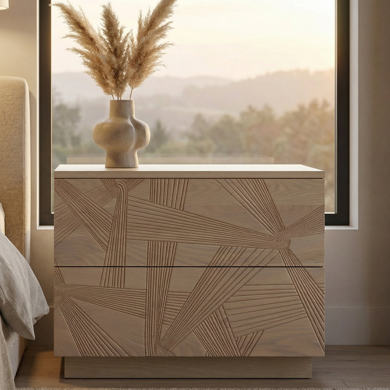 Table de chevet moderne en chêne massif avec porte sculptée 3D et tiroirs doubles - table de chevet entièrement assemblée