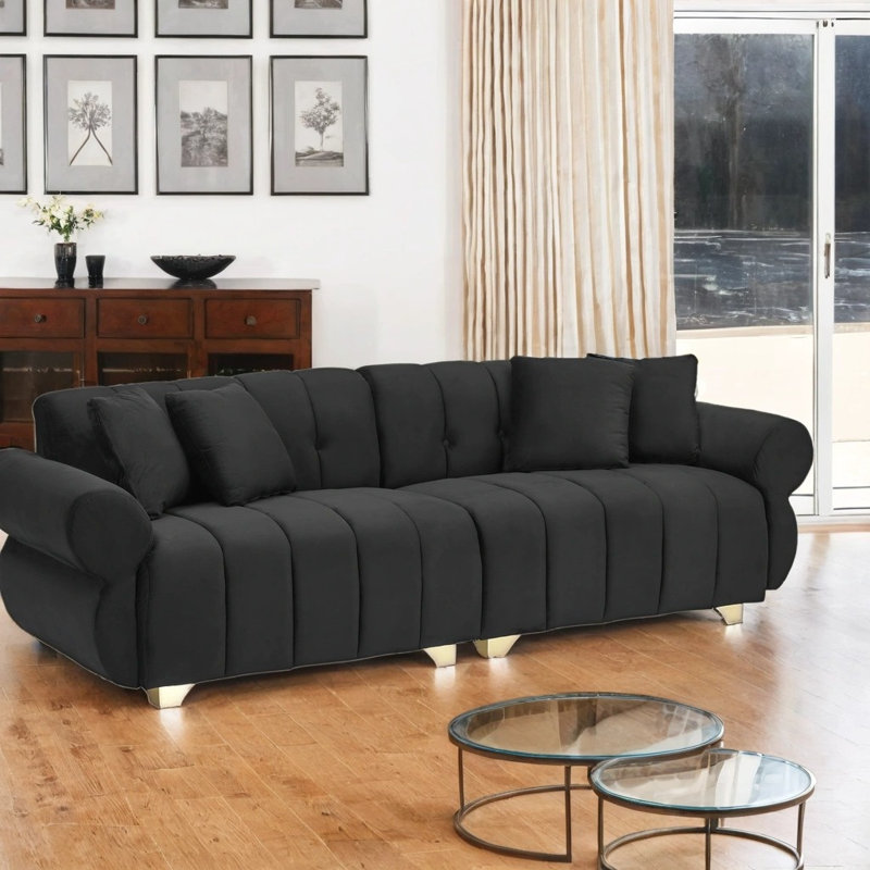 Yore 89" Velvet Upholstered Sofa with Channel Tufting & Throw Pillows, Black