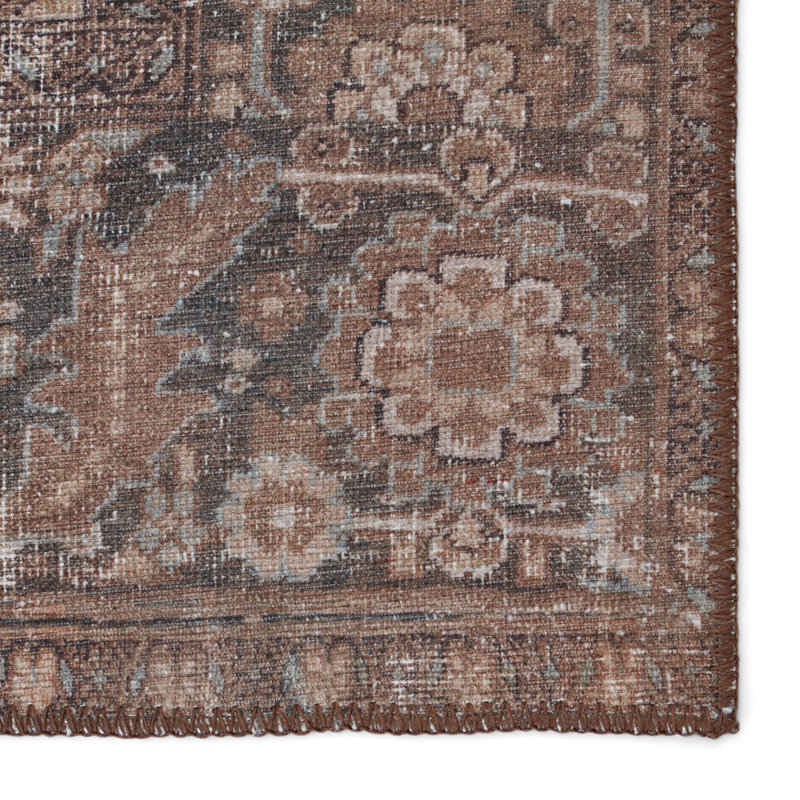 Vintage Blue and Brown Medallion Synthetic Washable Area Rug 5' x 7'