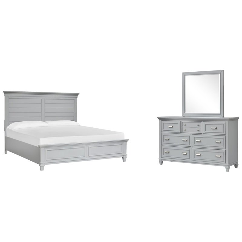 Grand lit à panneau blanc Monti et commode avec tiroir blanc, Blanc, 3 Pcs: Bed, Dresser, Mirror, Grand