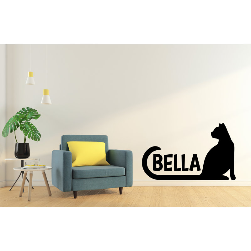 Décalcomanie murale personnalisée avec nom de chat - Silhouette de chat personnalisée avec nom - Art mural mignon avec nom d'animal - Décoration personnalisable pour les amoureux des chats - Autocollants en vinyle pour chat 566DLU
