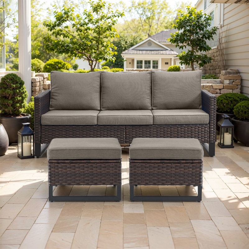 Nazime 74.02" Wide Outdoor Wicker Patio Sofa with Cushions and Ottomans, Gray, Brown