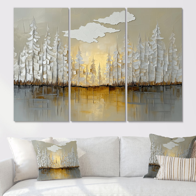Art mural moderne forêt moderne, toile horizon doré - Forêt moderne en hiver, horizon gris doré, ensemble d'art mural sur toile encadré 3 pièces