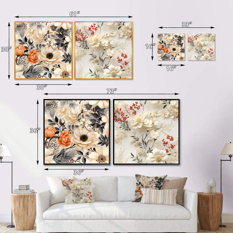 Alouette - Ensemble de 2 collages floraux carrés, H 16 po x l 33 po, Cadre flottant blanc