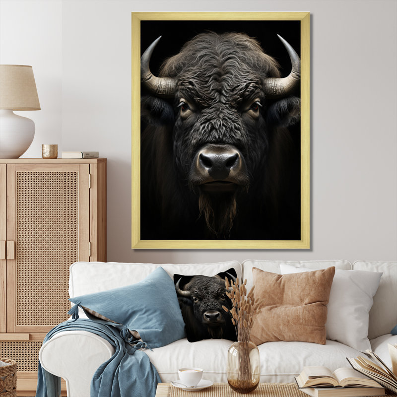 «Black White Animal Buffalobison», reproduction d'art sur toile, H 20 po x l 12 po x P 1 po, Encadrement doré