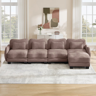 Canapé en L surdimensionné à 4 places en chenille avec 4 coussins de taille exquise et 1 repose-pieds mobile, conception incurvée ergonomique, canapé modulaire facile à assembler pour le bureau du salon, rose cendré