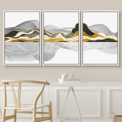 " Gold Marble Wave Mountain Range Landscape Illustration Modern Art Decor Nordic Calm Zen " 3 - Pieces on Canvas