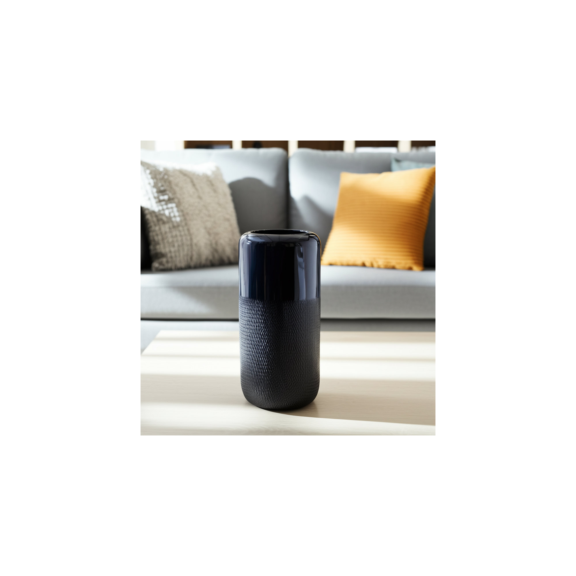 Rachael Stoneware Ceramic Vase with Textured Body and Rounded Rim Design, Etched Blue, 12" H x 6" W x 6" D