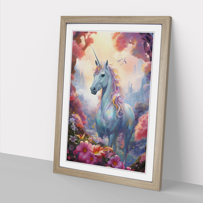 Unicorn Tachisme - Single Picture Frame Print on Wood, Oak Framed, 64cm H x 46cm W