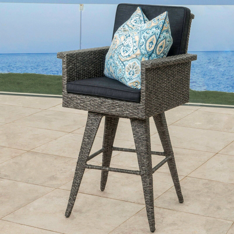 30" Outdoor Wicker Swivel Barstool With Water Resistant Cushion, Mixed Black And Dark Grey