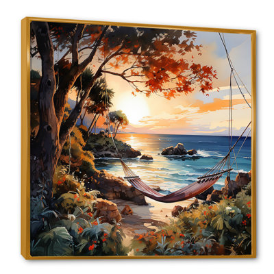 Coucher de soleil hamac près de la plage I - art mural tropical côtier