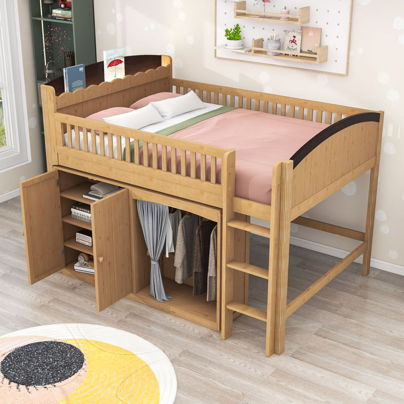Lit mezzanine en bois avec rangement intégré et éclairage DEL, Lit double, Bois